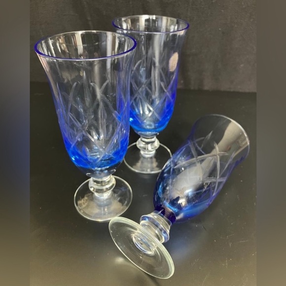 Blue & Clear Cut Cocktail Glass Goblets Short Stem Set of 3 - Picture 1 of 3